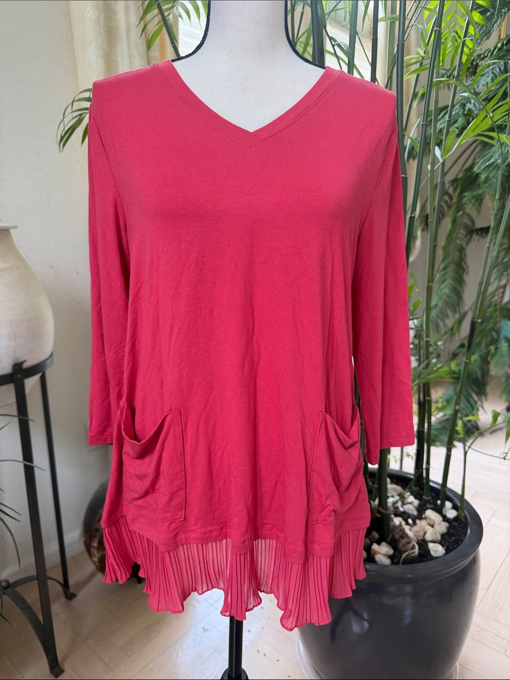 LOGO by Lori Goldstein Rose Coral V-Neck Tunic with Pleated Hem